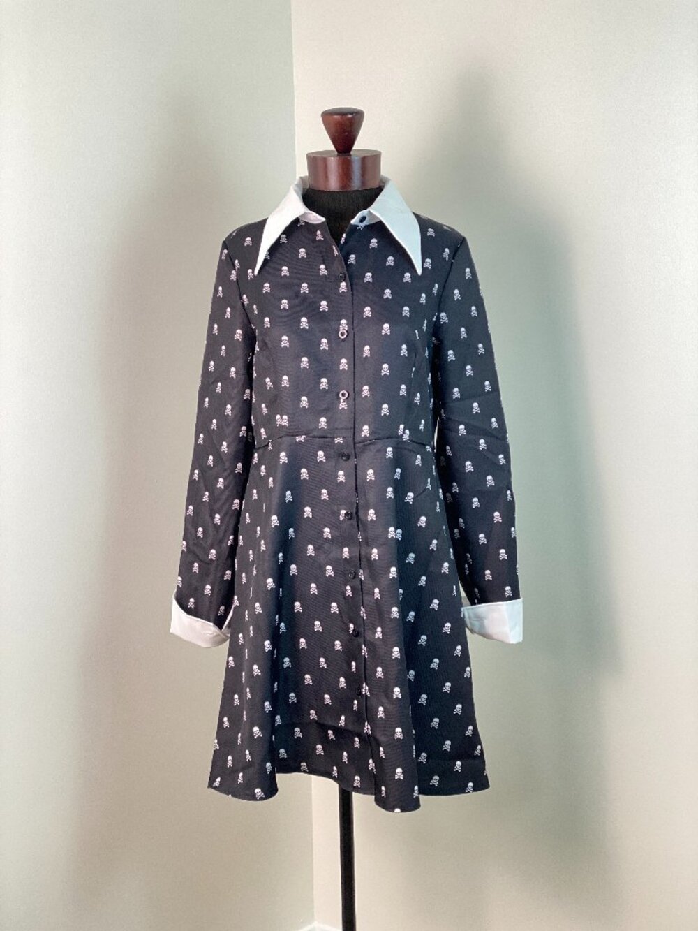Toynk Gothic Girl Skull Dress Wednesday Addams Aesthetic Black White Collar XL